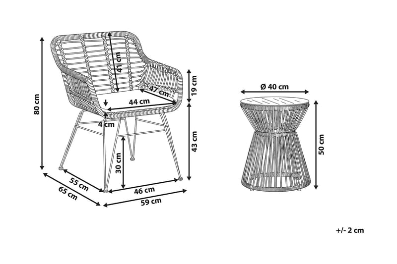 Caféset Tassinara Runt 59 cm + 2 Utestolar m Dyna - Brun/Konstrotting - Utemöbler & utemiljö - Utegrupp - Cafegrupp & cafeset