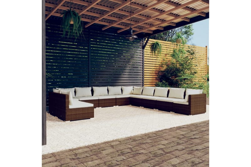 Loungegrupp för trädgården m. dynor 11 delar brun konstrotti - Brun/Vit - Loungeset & loungegrupp - Soffgrupp utomhus