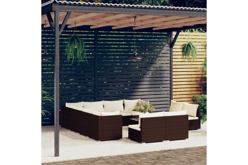 Loungegrupp för trädgården m. dynor 12 delar brun konstrotti - Brun/Vit - Loungeset & loungegrupp - Soffgrupp utomhus