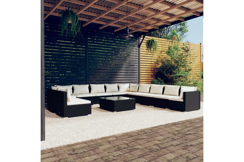 Loungegrupp för trädgården m. dynor 12 delar svart konstrott - Svart/Vit - Loungeset & loungegrupp - Soffgrupp utomhus