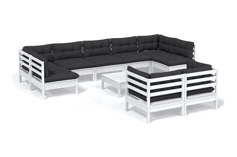 Loungegrupp med dynor 10 delar vit massiv furu - Vit/svart - Loungeset & loungegrupp - Soffgrupp utomhus