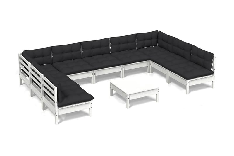 Loungegrupp med dynor 10 delar vit massiv furu - Vit/svart - Loungeset & loungegrupp - Soffgrupp utomhus